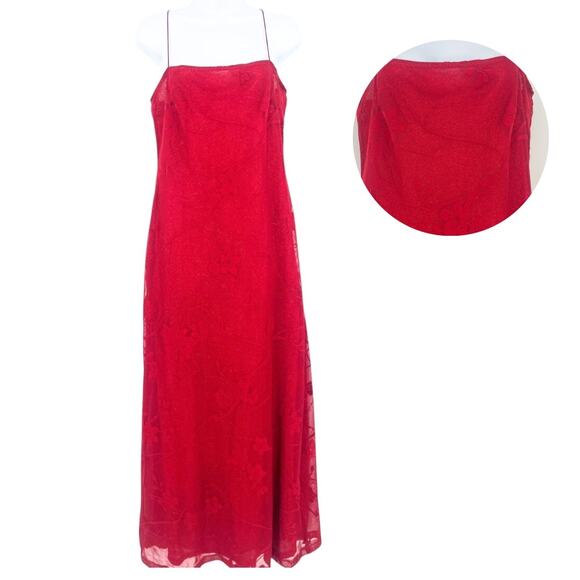 Vtg Y2K Rampage Mesh Slip Dress Sz L Coquette Maxi Glitter Overlay Red Floral - Picture 1 of 11